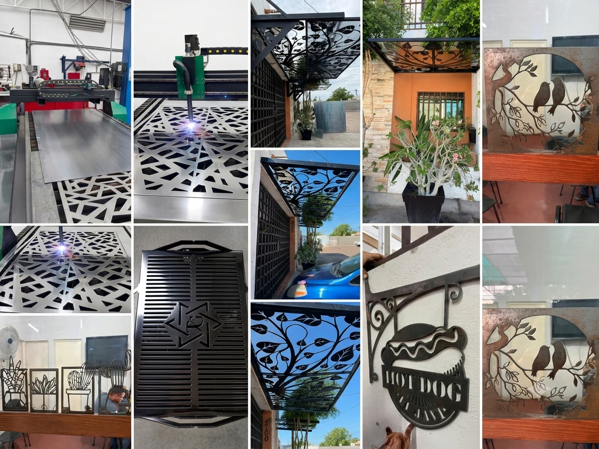 Collage de trabajos de Cortes y Soluciones: celosías, techos metálicos, un asador, un letrero y la máquina de corte
